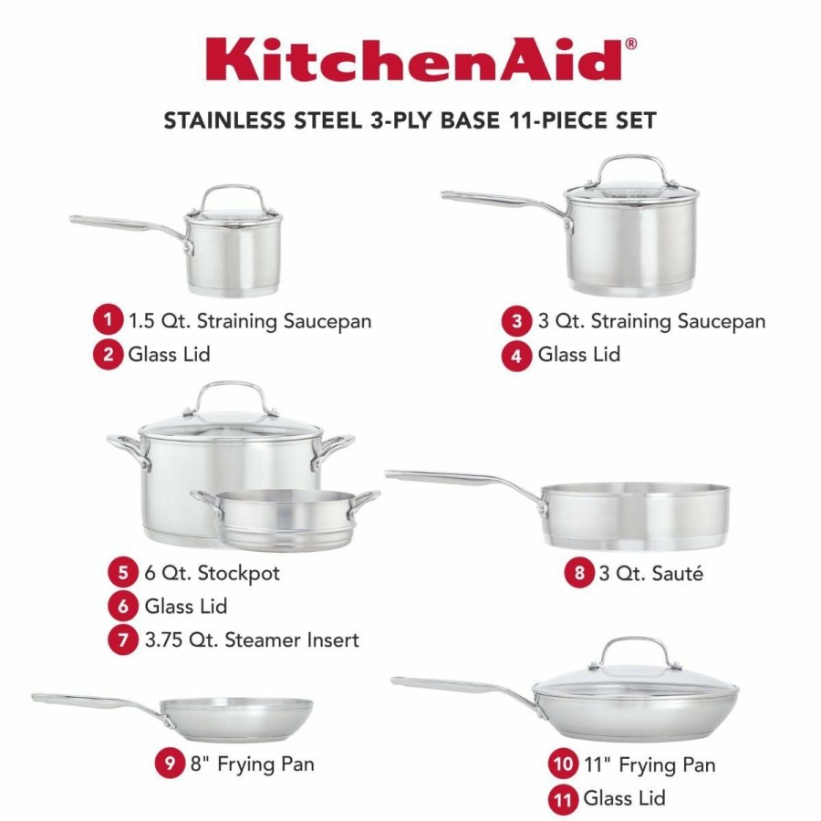 Cookware Sets * | Kitchenaid Non-Electrics Kitchenaid Stainless Steel 3-Ply Cookware Set | 11-Piece