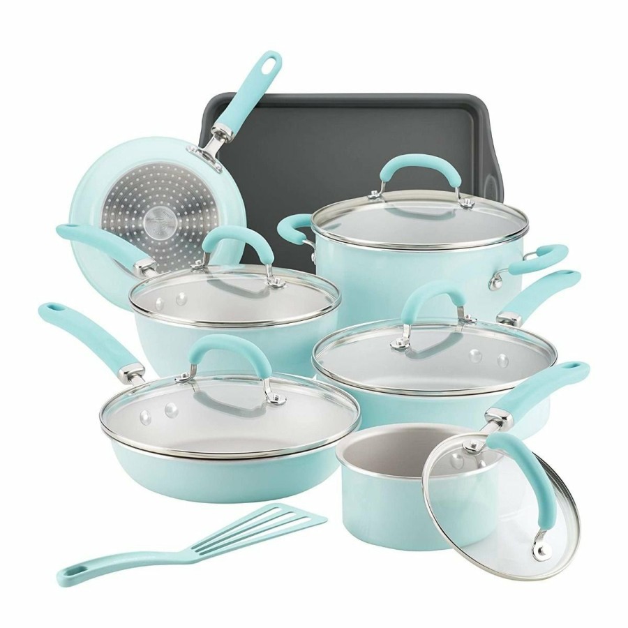 Cookware Sets * | Rachael Ray 13-Piece Enameled Cookware Set | Light Blue Shimmer