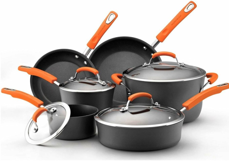 Cookware Sets * | Rachael Ray Hard Anodized Ii Cookware Set W/ Orange Handles: 10Pc