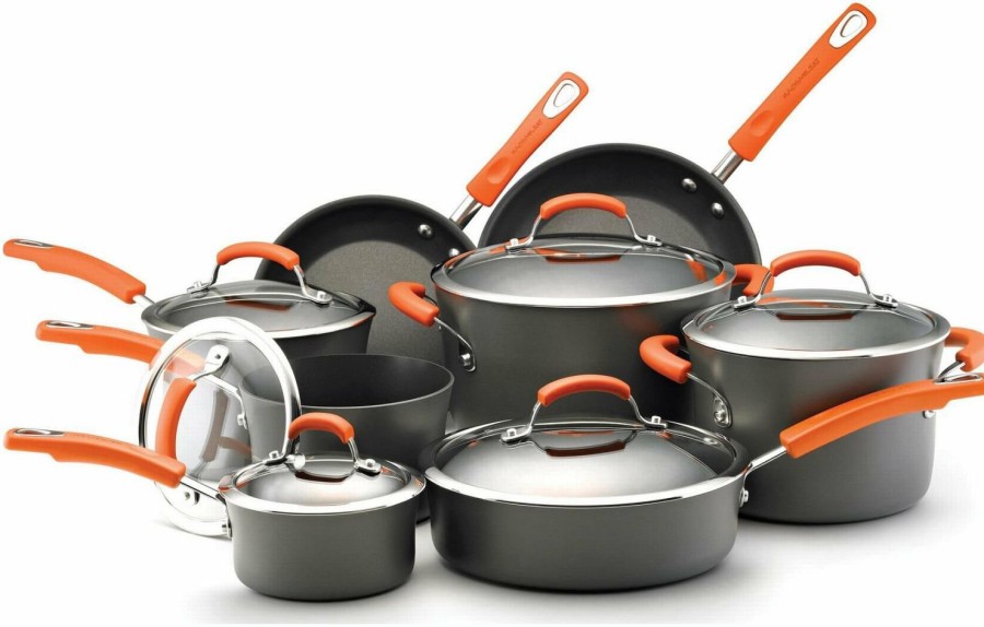 Cookware Sets * | Rachael Ray Hard Anodized Ii Cookware Set W/ Orange Handles: 14Pc