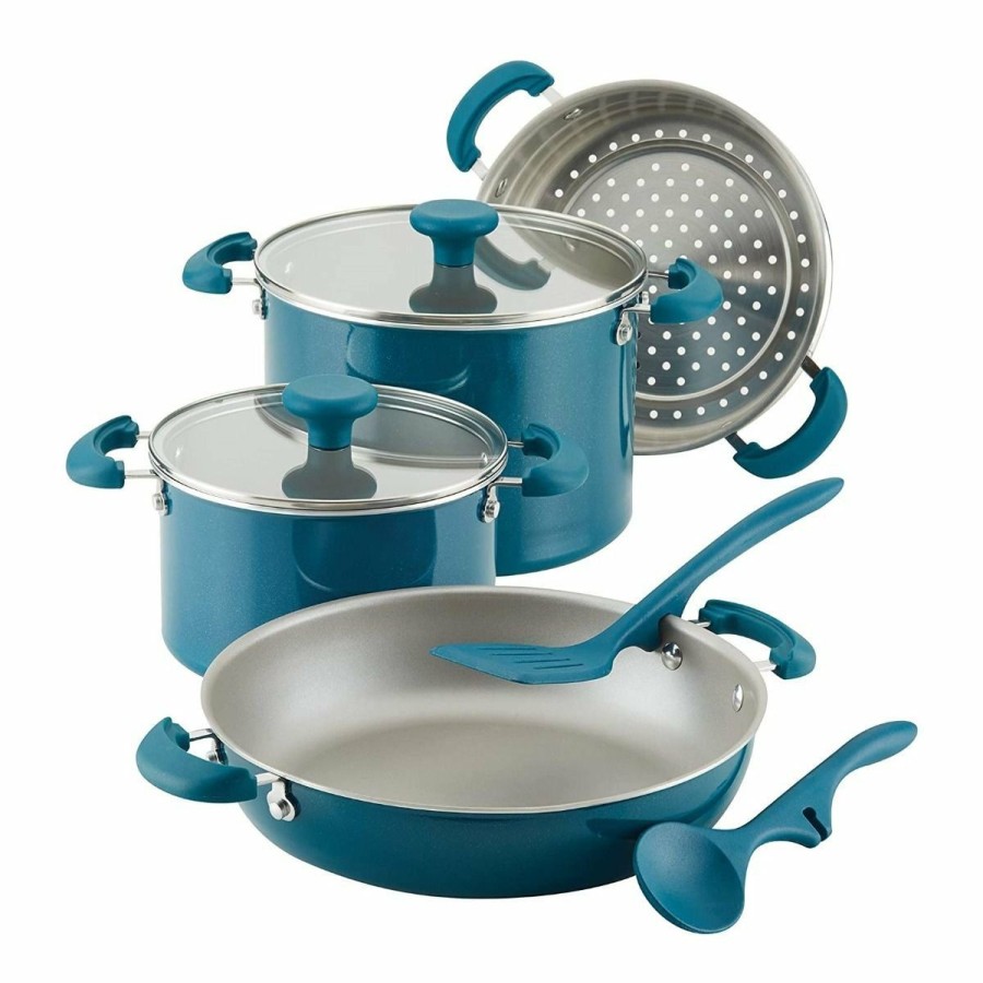 Cookware Sets * | Rachael Ray 8-Piece Enameled Stacking Cookware Set | Teal Shimmer