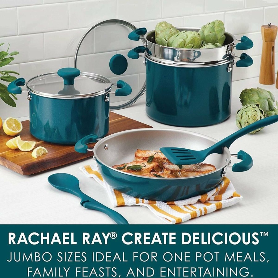 Cookware Sets * | Rachael Ray 8-Piece Enameled Stacking Cookware Set | Teal Shimmer